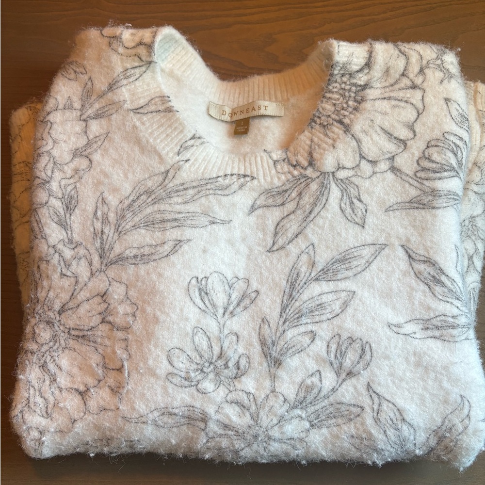 DownEast White Crewneck Sweater with Gray Floral Sketch